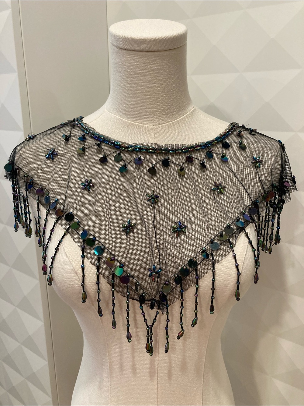 Sheer Black Beaded Fringe Shawl Collar